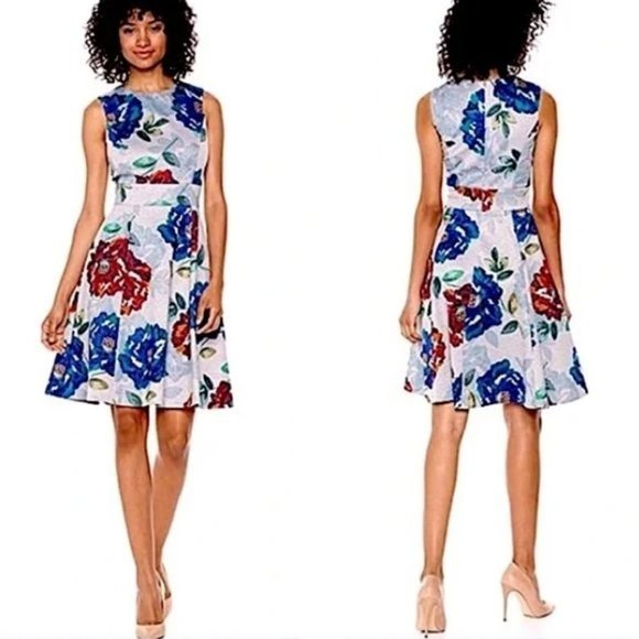 New! CALVIN KLEIN Brocade Floral Fit & Flare Grey Dress, Size 4 - Picture 5 of 14